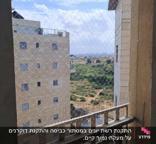 רשת מתוחה ומחסום דוקרנים למניעת כניסת יונים